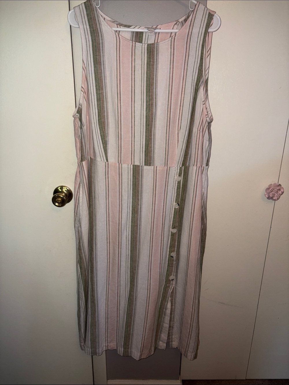 Sleeveless Midi Dress with Pink and Olive Stripes
